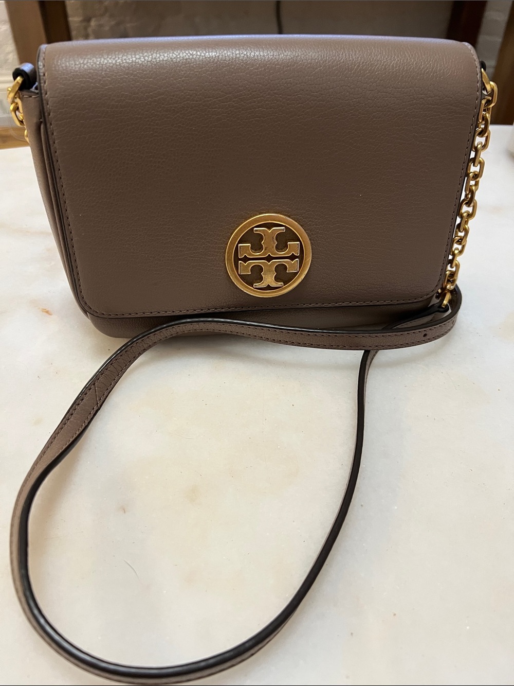 Tory Burch Taupe Leather Crossbody with Gold Logo - Picture 6 of 13